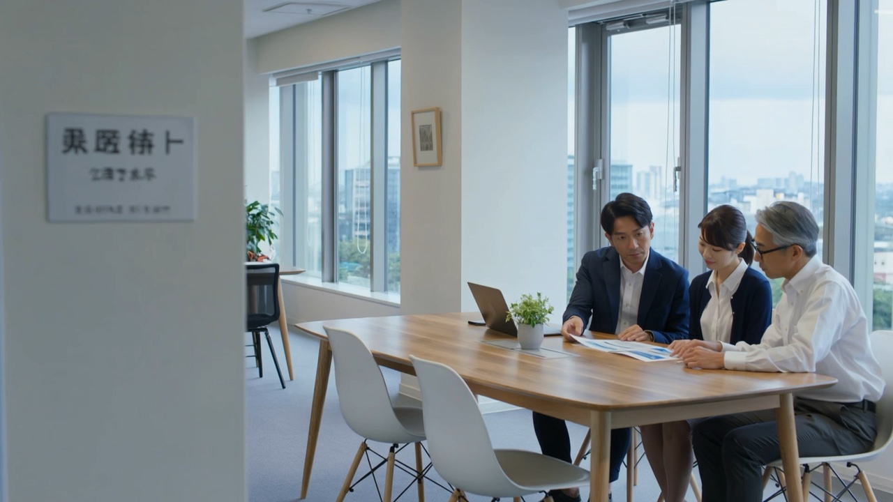 明るいオフィスで資料を見ながら話し合うイメージ